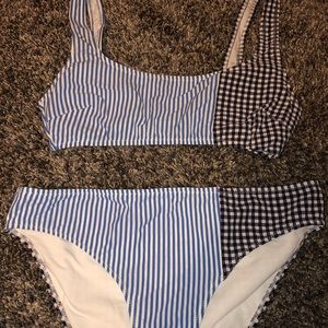 blue and black patterned bathing suit